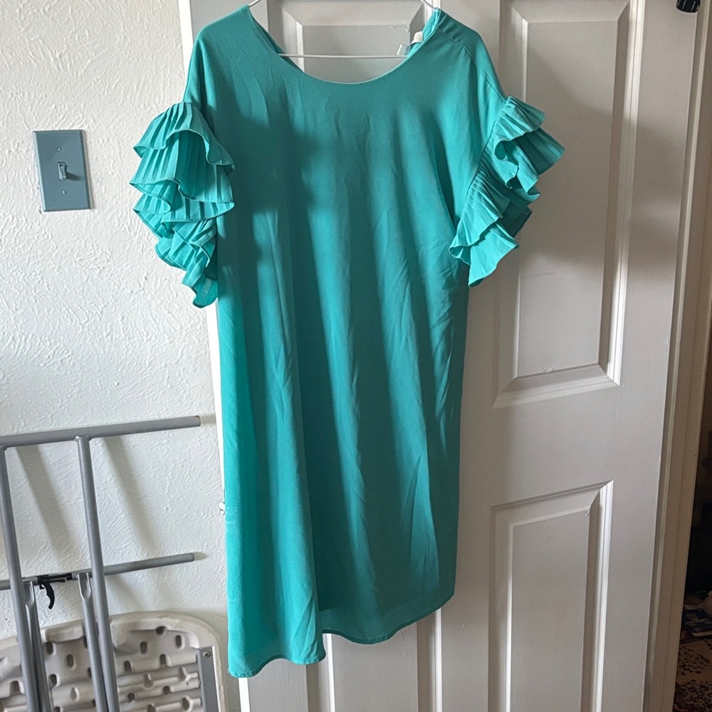 She + Sky Teal Ruffle-Sleeve Midi Dress